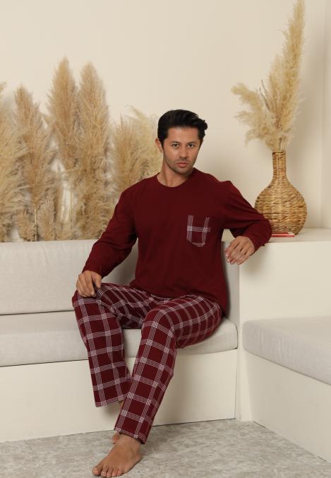 Pijama Barbati ,Maneca si Pantaloni Lungi,Culoare Bordo cu Alb,Engros